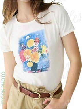 J. Crew JCREW Floral Print Ivory Heathered Cropped T-Shirt Tee Top #BK448 MEDIUM